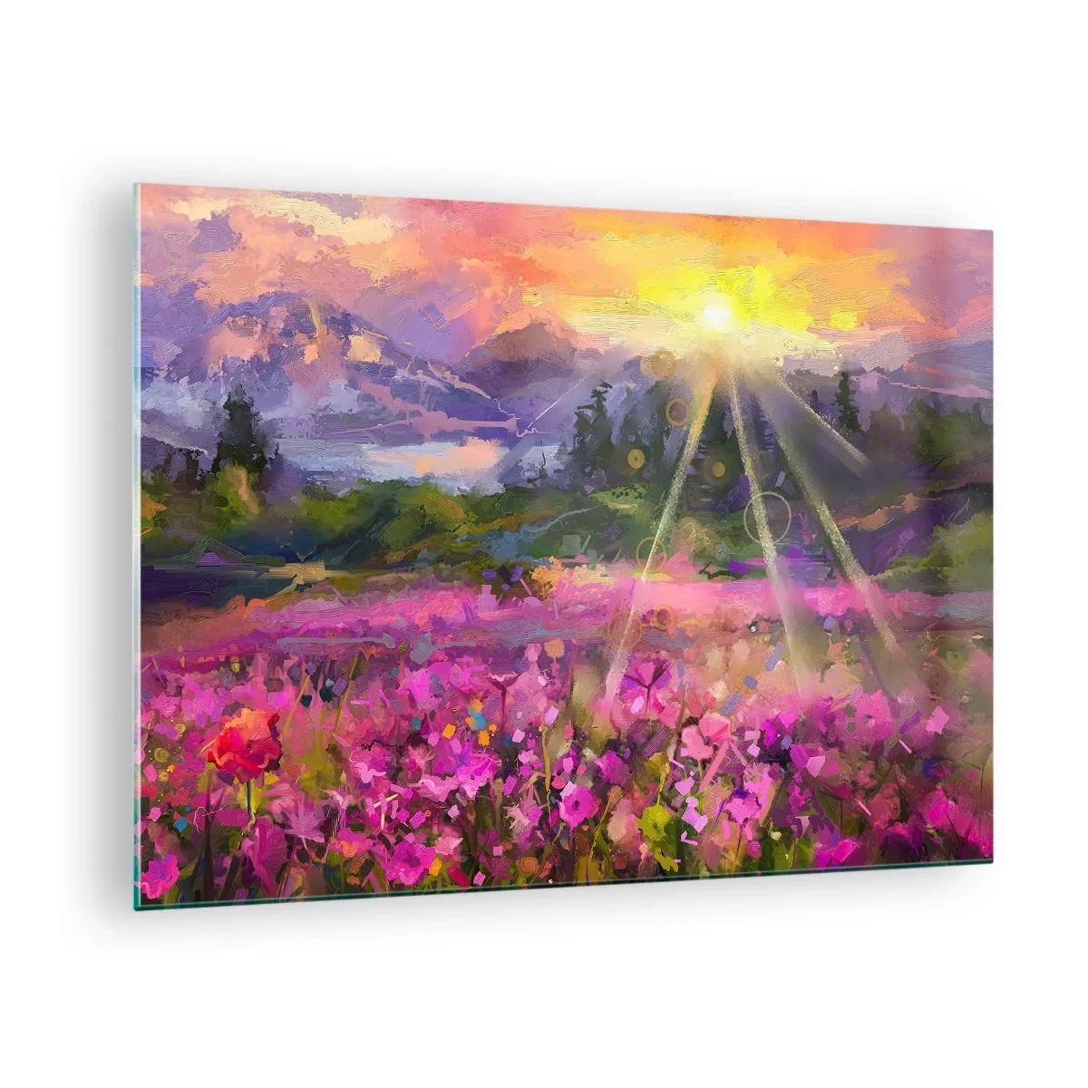 Cuadro sobre vidrio - Impresiones sobre Vidrio - Un pintoresco valle lleno de flores iluminado por los rayos del sol. - 70x50cm - En un valle bajo la protección del sol - Decoración de pared moderna para salón y dormitorio ARTTOR
