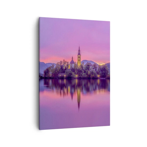 Cuadro sobre lienzo - Impresión de Imagen - Lago con una isla y una iglesia al atardecer - 50x70cm - Isla de cuento de hadas al atardecer  - Decoración de pared moderna para salón y dormitorio ARTTOR