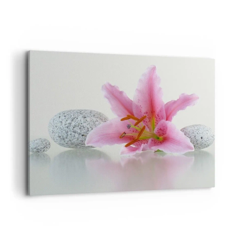 Cuadro sobre lienzo - Impresión de Imagen - Flor de lirio rosa con piedras sobre un fondo claro. - 100x70cm - Estudio en rosa, gris y blanco - Decoración de pared moderna para salón y dormitorio ARTTOR