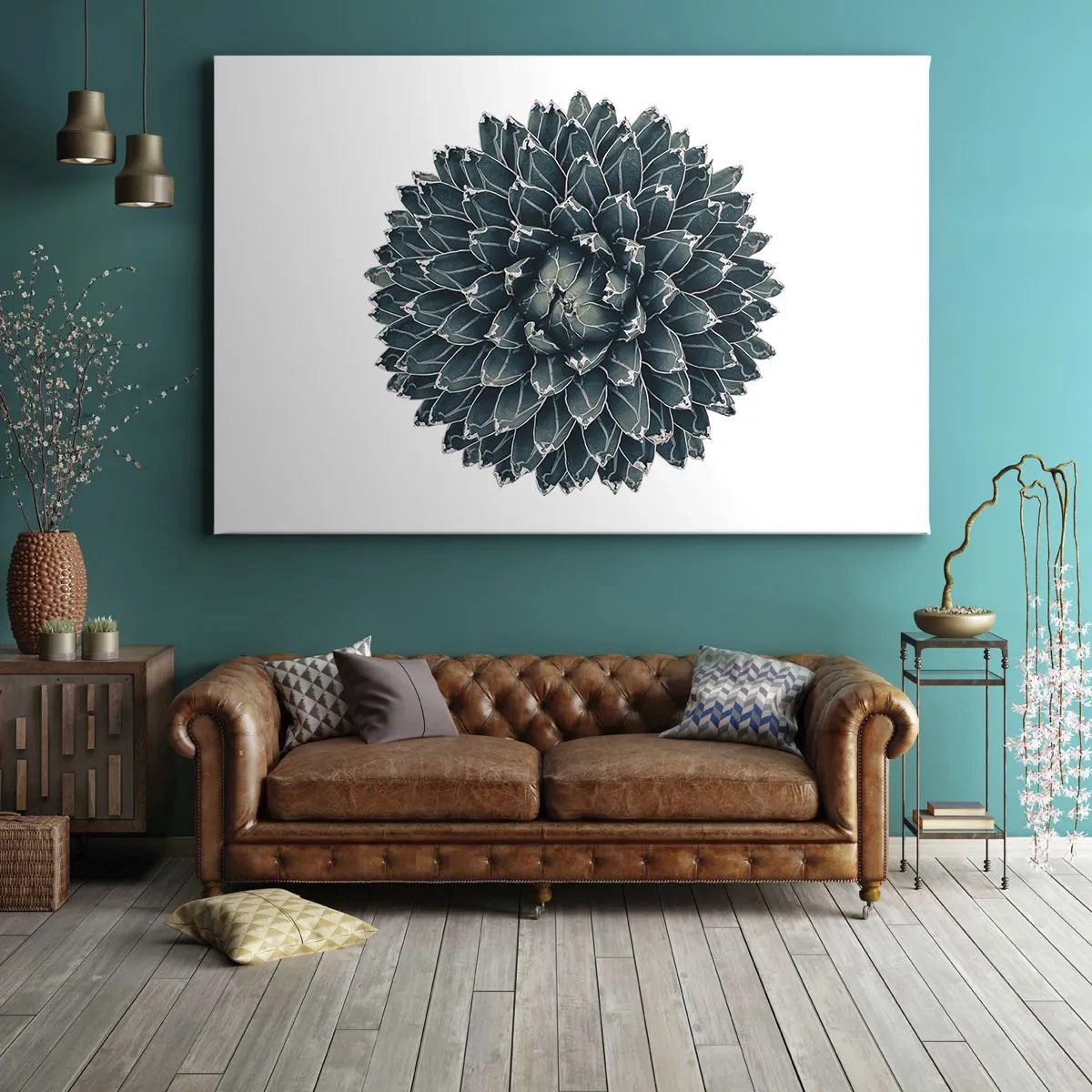 Cuadro sobre lienzo - Impresión de Imagen - Planta suculenta simétrica sobre un fondo blanco. - 70x50cm - Estrella del desierto - Decoración de pared moderna para salón y dormitorio ARTTOR