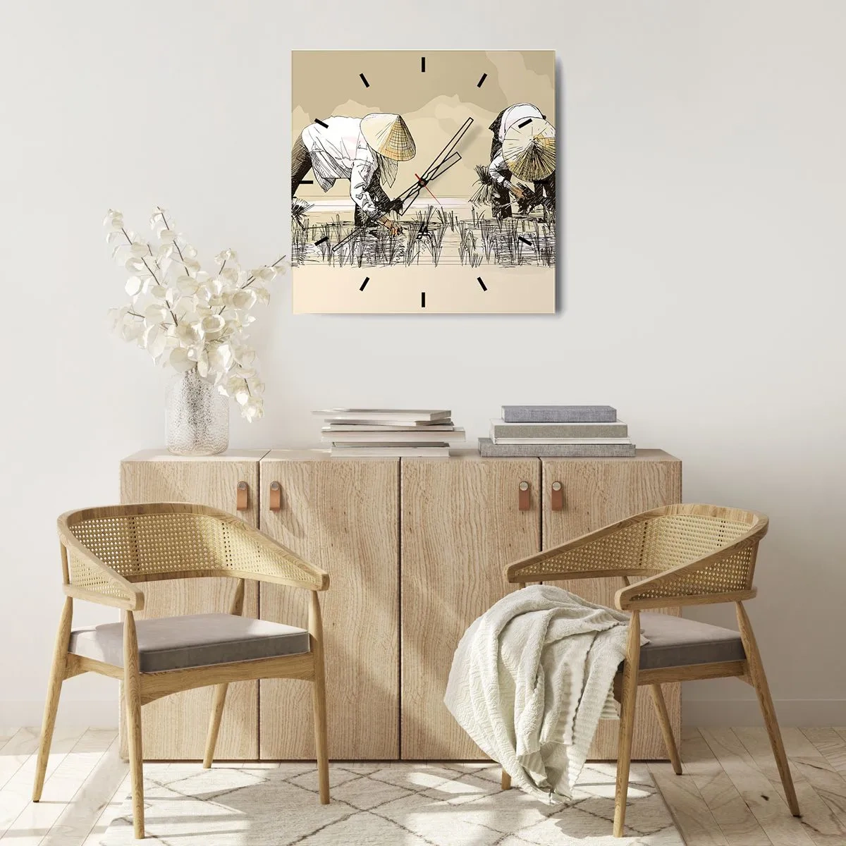 Reloj de pared - Reloj de vidrio - Agricultores trabajando en un campo de arroz con sombreros tradicionales - 30x30cm - De una cosecha exitosa - Decoración de pared moderna para salón y dormitorio ARTTOR