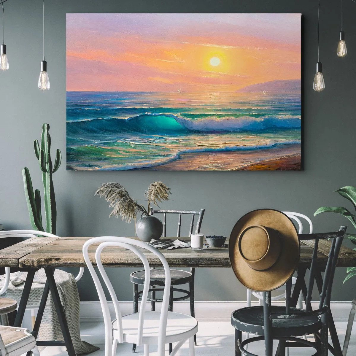 Cuadro sobre lienzo - Impresión de Imagen - Paisaje marino con puesta de sol - 120x80cm - El canto turquesa de las olas - Decoración de pared moderna para salón y dormitorio ARTTOR