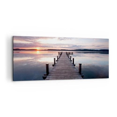 Cuadro sobre lienzo - Impresión de Imagen - Un muelle en un lago al atardecer en un paisaje tranquilo. - 120x50cm - Frontera silenciosa del día y la noche - Decoración de pared moderna para salón y dormitorio ARTTOR
