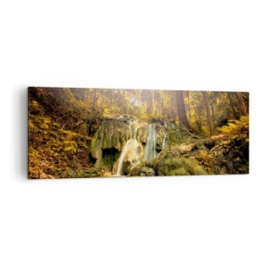 Cuadro sobre lienzo - Impresión de Imagen - Una cascada forestal bajo los rayos del sol, rodeada de vegetación. - 140x50cm - Cascada forestal en verde - Decoración de pared moderna para salón y dormitorio ARTTOR