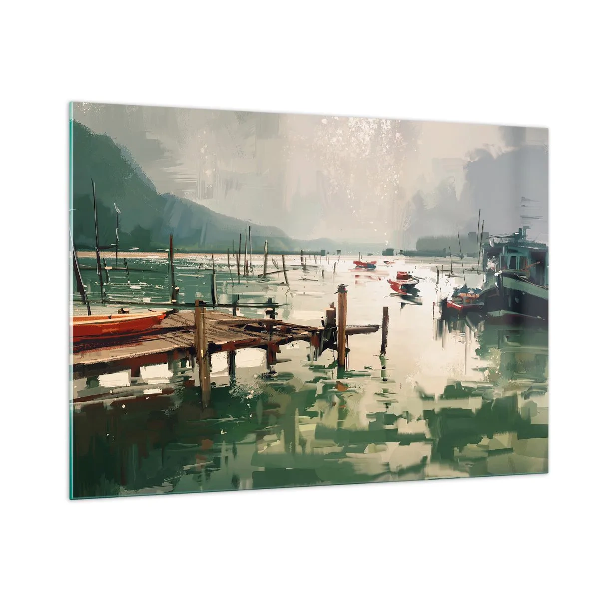 Cuadro sobre vidrio - Impresiones sobre Vidrio - Un embarcadero de madera y barcos en aguas tranquilas rodeados de montañas. - 100x70cm - Empapado en la luna fundida - Decoración de pared moderna para salón y dormitorio ARTTOR