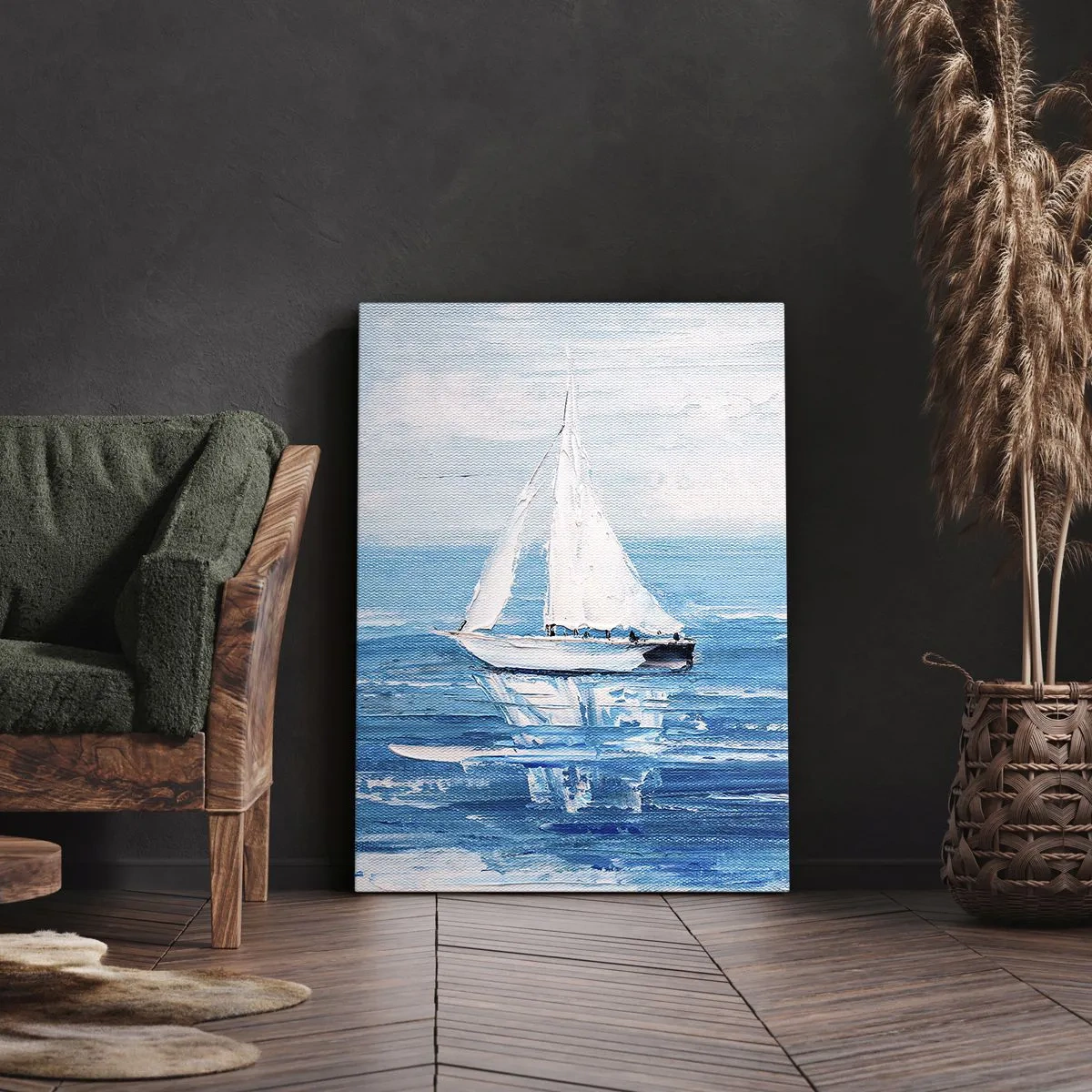 Cuadro sobre lienzo - Impresión de Imagen - Yates en el mar azul en estilo artístico. - 50x70cm - Con un amigo a tu lado - Decoración de pared moderna para salón y dormitorio ARTTOR