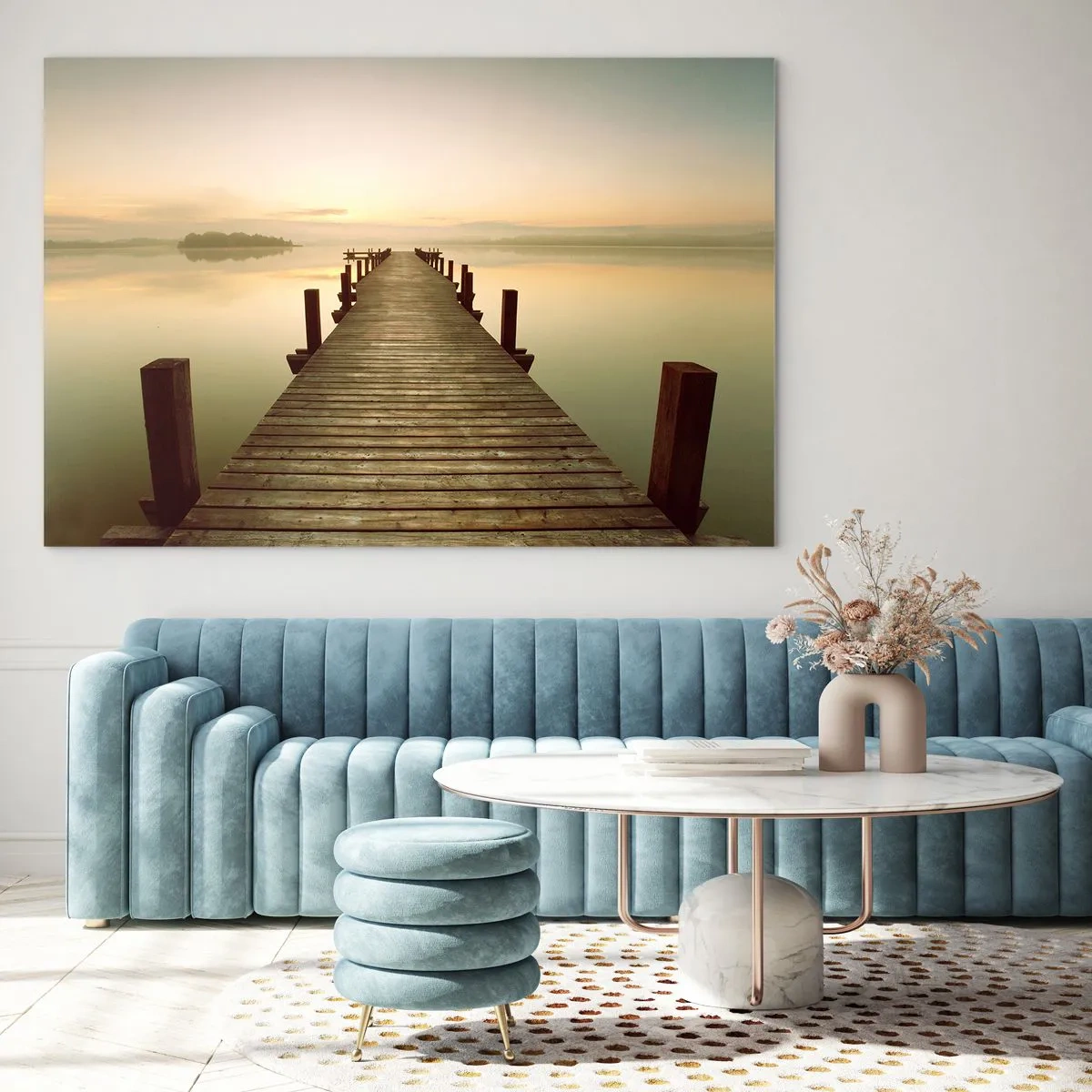 Cuadro sobre vidrio - Impresiones sobre Vidrio - Un embarcadero de madera en un lago tranquilo al amanecer. - 70x50cm - Antes del amanecer, al amanecer, la luz - Decoración de pared moderna para salón y dormitorio ARTTOR