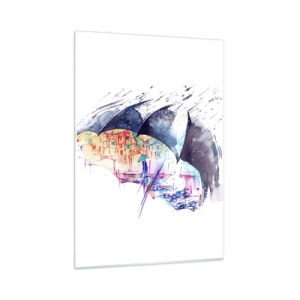 Cuadro sobre vidrio - Impresiones sobre Vidrio - Una ciudad colorida al fondo bajo un paraguas negro. - 50x70cm - Caminando bajo la lluvia - Decoración de pared moderna para salón y dormitorio ARTTOR