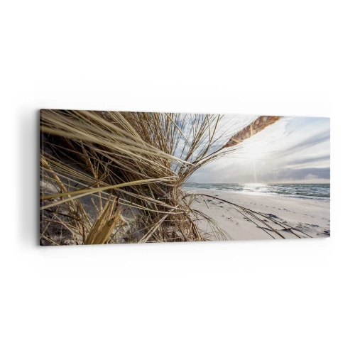 Cuadro sobre lienzo - Impresión de Imagen - Una playa con hierba seca en las dunas y vistas al mar. - 120x50cm - Una reunión de los elementos - Decoración de pared moderna para salón y dormitorio ARTTOR