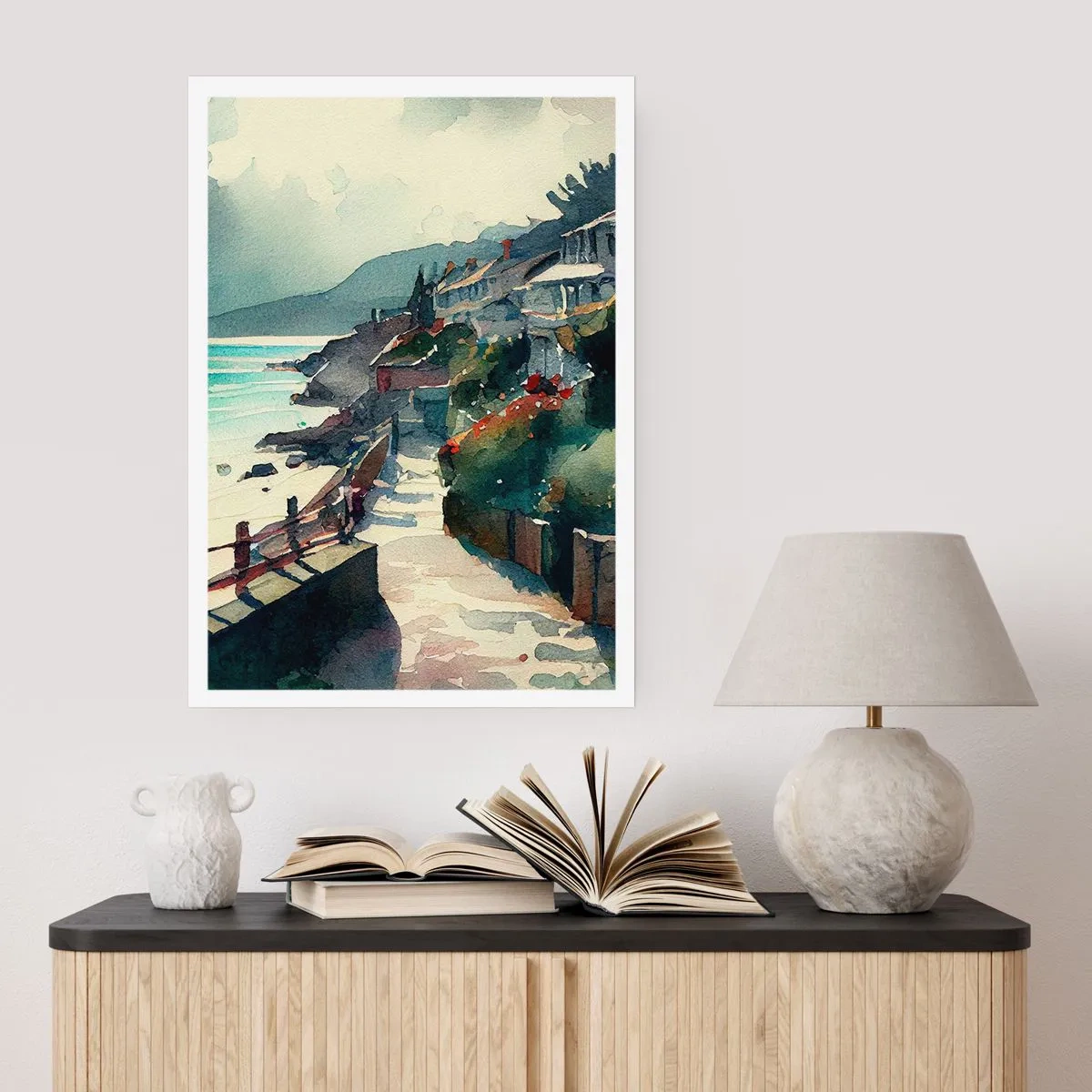 Póster - Un pintoresco sendero costero en estilo acuarela. - 50x70cm - Ciudad mediterránea - Decoración de pared moderna para salón y dormitorio ARTTOR