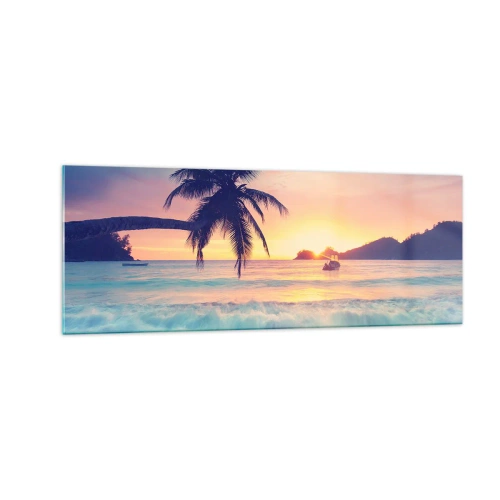 Cuadro sobre vidrio - Impresiones sobre Vidrio - Playa con palmera y puesta de sol sobre el océano. - 140x50cm - Atardecer en la bahía - Decoración de pared moderna para salón y dormitorio ARTTOR