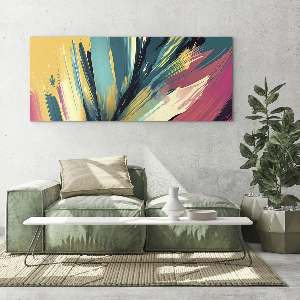 Cuadro sobre vidrio - Impresiones sobre Vidrio - Una composición abstracta en colores intensos y contrastantes. - 160x50cm - Composición - una explosión de alegría - Decoración de pared moderna para salón y dormitorio ARTTOR