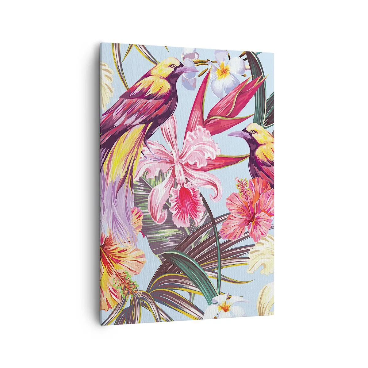 Cuadro sobre lienzo - Impresión de Imagen - Aves exóticas entre flores tropicales - 70x100cm - Pétalos y plumas - Decoración de pared moderna para salón y dormitorio ARTTOR