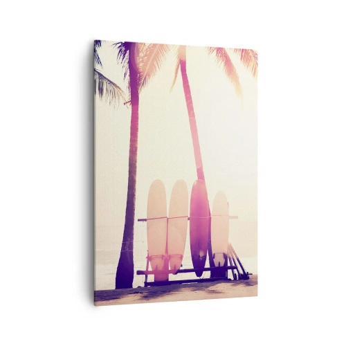 Cuadro sobre lienzo - Impresión de Imagen - Palmeras y tablas de surf en la playa bajo el sol. - 70x100cm - Va a ser un gran día - Decoración de pared moderna para salón y dormitorio ARTTOR