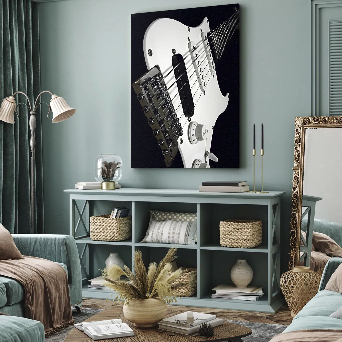 Cuadro sobre lienzo - Impresión de Imagen - Primer plano de una guitarra eléctrica blanca sobre fondo negro. - 70x100cm - Oculto en blanco está el sonido - Decoración de pared moderna para salón y dormitorio ARTTOR