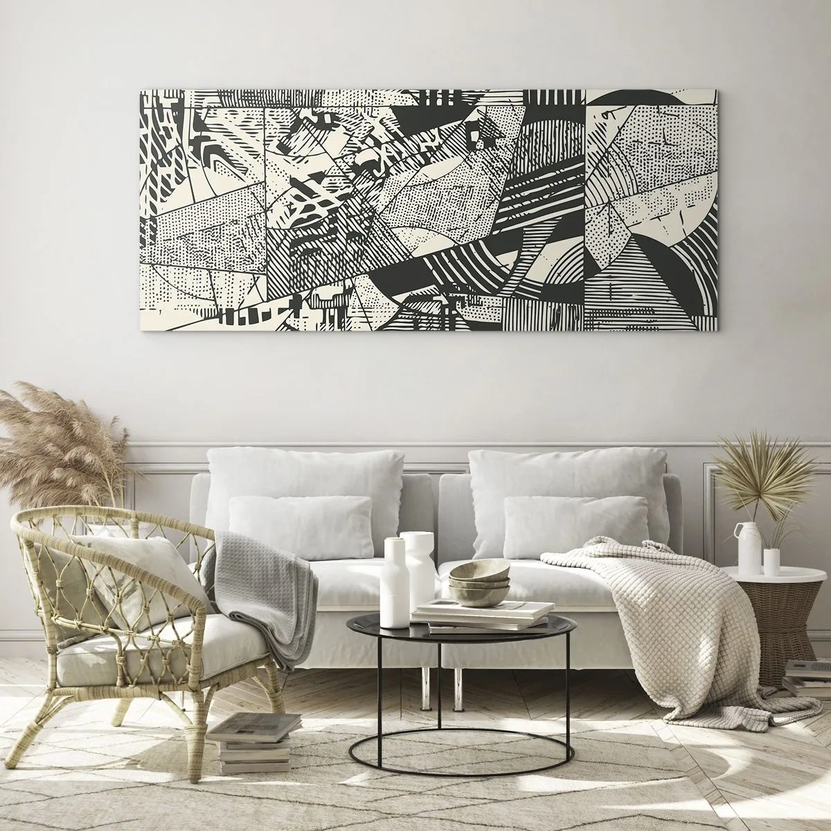 Cuadro sobre vidrio - Impresiones sobre Vidrio - Patrones abstractos geométricos en tonos verdes sobre un fondo claro - 160x50cm - La dinámica del presente - Decoración de pared moderna para salón y dormitorio ARTTOR