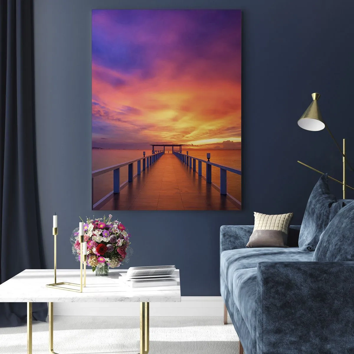 Cuadro sobre vidrio - Impresiones sobre Vidrio - El muelle con la puesta de sol como telón de fondo - 50x70cm - Sin fin - Decoración de pared moderna para salón y dormitorio ARTTOR