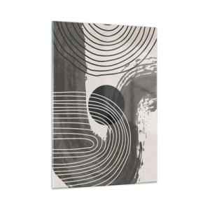 Cuadro sobre vidrio - Impresiones sobre Vidrio - Abstracción moderna con líneas blancas y negras y un óvalo. - 50x70cm - La victoria del óvalo - Decoración de pared moderna para salón y dormitorio ARTTOR