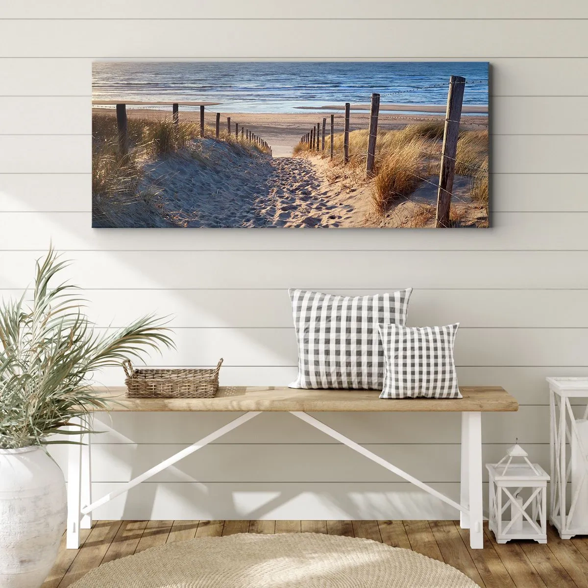 Cuadro sobre lienzo - Impresión de Imagen - Camino a través de las dunas que conduce a la playa. - 120x50cm - El sonido del mar, el canto de los pájaros, una playa virgen entre las dunas... - Decoración de pared moderna para salón y dormitorio ARTTOR