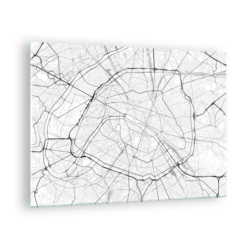 Cuadro sobre vidrio - Impresiones sobre Vidrio - Mapa de la ciudad en blanco y negro con cuadrícula de calles y arterias circulares - 70x50cm - Flor de París - Decoración de pared moderna para salón y dormitorio ARTTOR