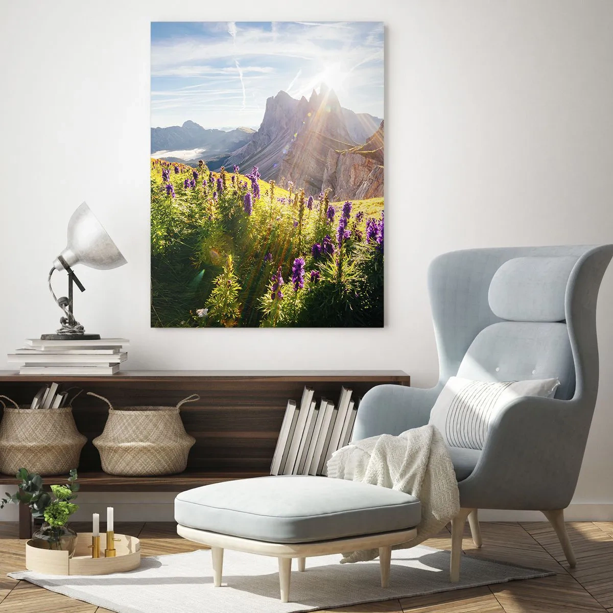 Cuadro sobre vidrio - Impresiones sobre Vidrio - Un prado de montaña lleno de flores con un telón de fondo de picos rocosos al amanecer. - 50x70cm - La vida secreta de las hierbas - Decoración de pared moderna para salón y dormitorio ARTTOR