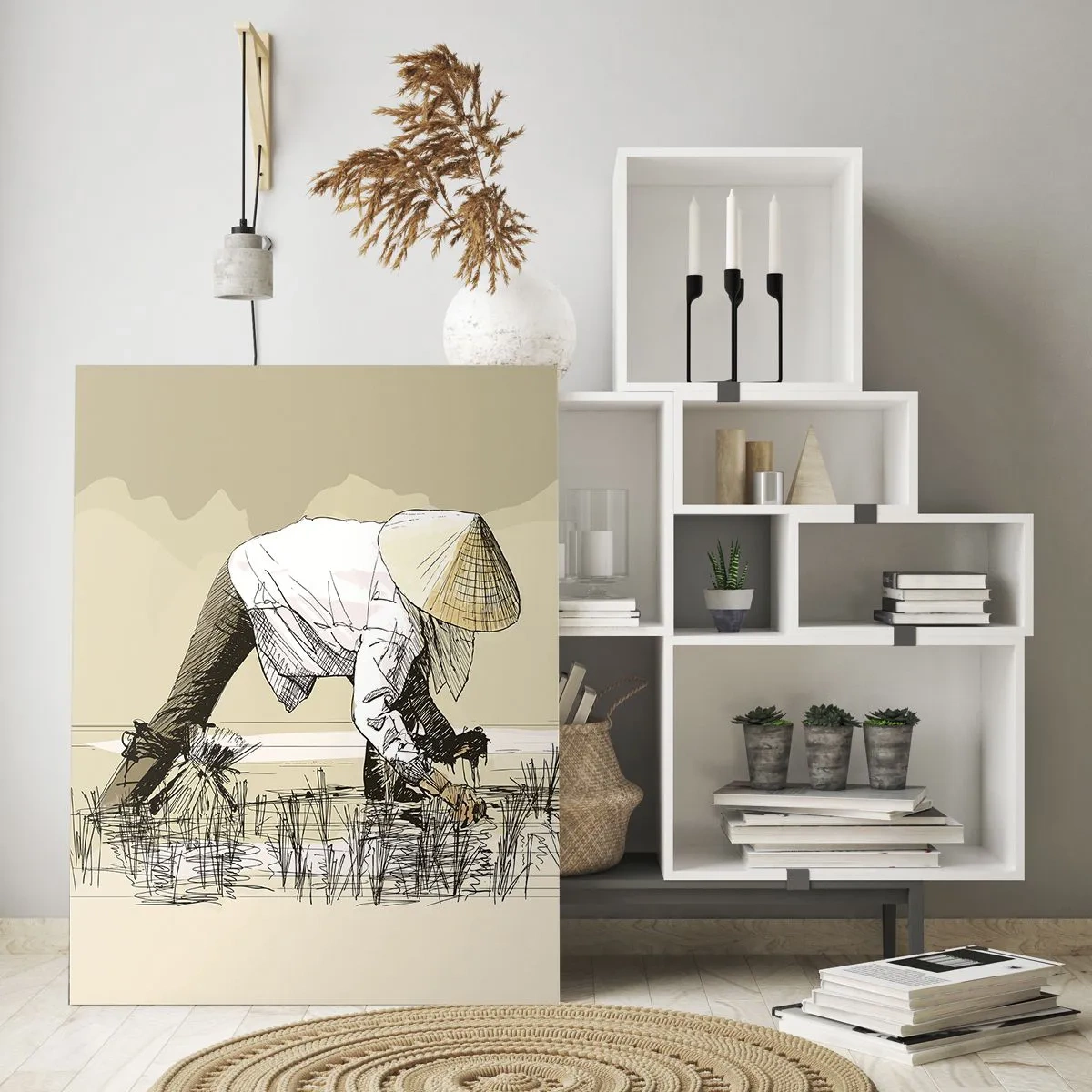 Cuadro sobre vidrio - Impresiones sobre Vidrio - Agricultores trabajando en un campo de arroz con sombreros tradicionales - 80x120cm - De una cosecha exitosa - Decoración de pared moderna para salón y dormitorio ARTTOR