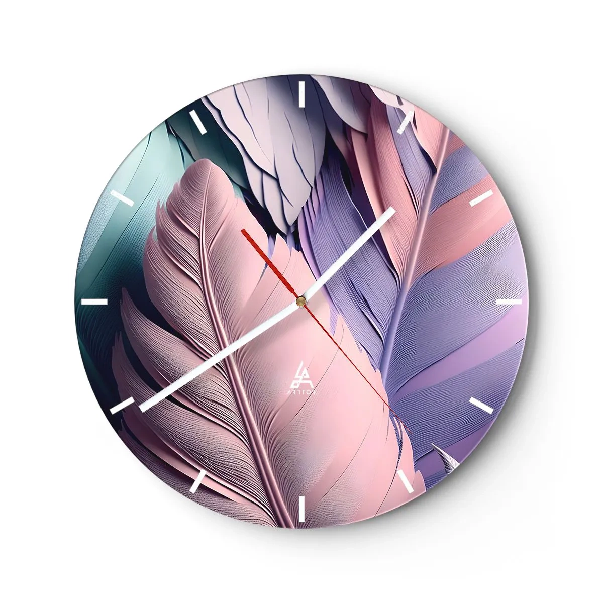 Reloj de pared - Reloj de vidrio - Plumas de colores en tonos pastel en el reloj. - 30x30cm - Pájaro chic - Decoración de pared moderna para salón, cocina y dormitorio ARTTOR