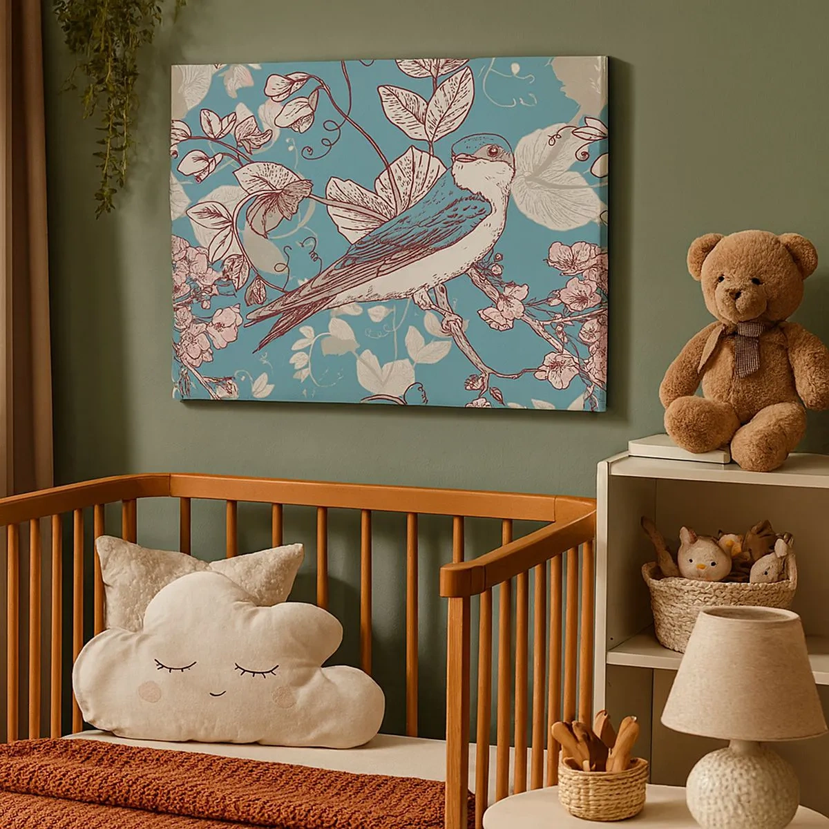 Cuadro sobre lienzo - Impresión de Imagen - Un pájaro en una rama en un delicado estilo floral. - 70x50cm - En el cerezo - Decoración de pared moderna para salón y dormitorio ARTTOR