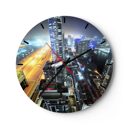 Reloj de pared - Reloj de vidrio - Panorama nocturno de la ciudad con rascacielos y farolas. - 30x30cm - Un milagro en el desierto - Decoración de pared moderna para salón, cocina y dormitorio ARTTOR