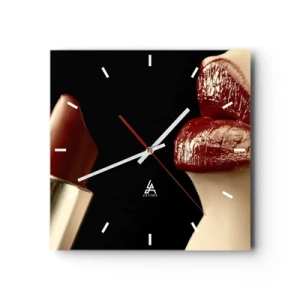 Reloj de pared - Reloj de vidrio - Labios rojos y lápiz labial sobre un fondo negro. - 30x30cm - Sensualidad y brillo del carmín - Decoración de pared moderna para salón y dormitorio ARTTOR