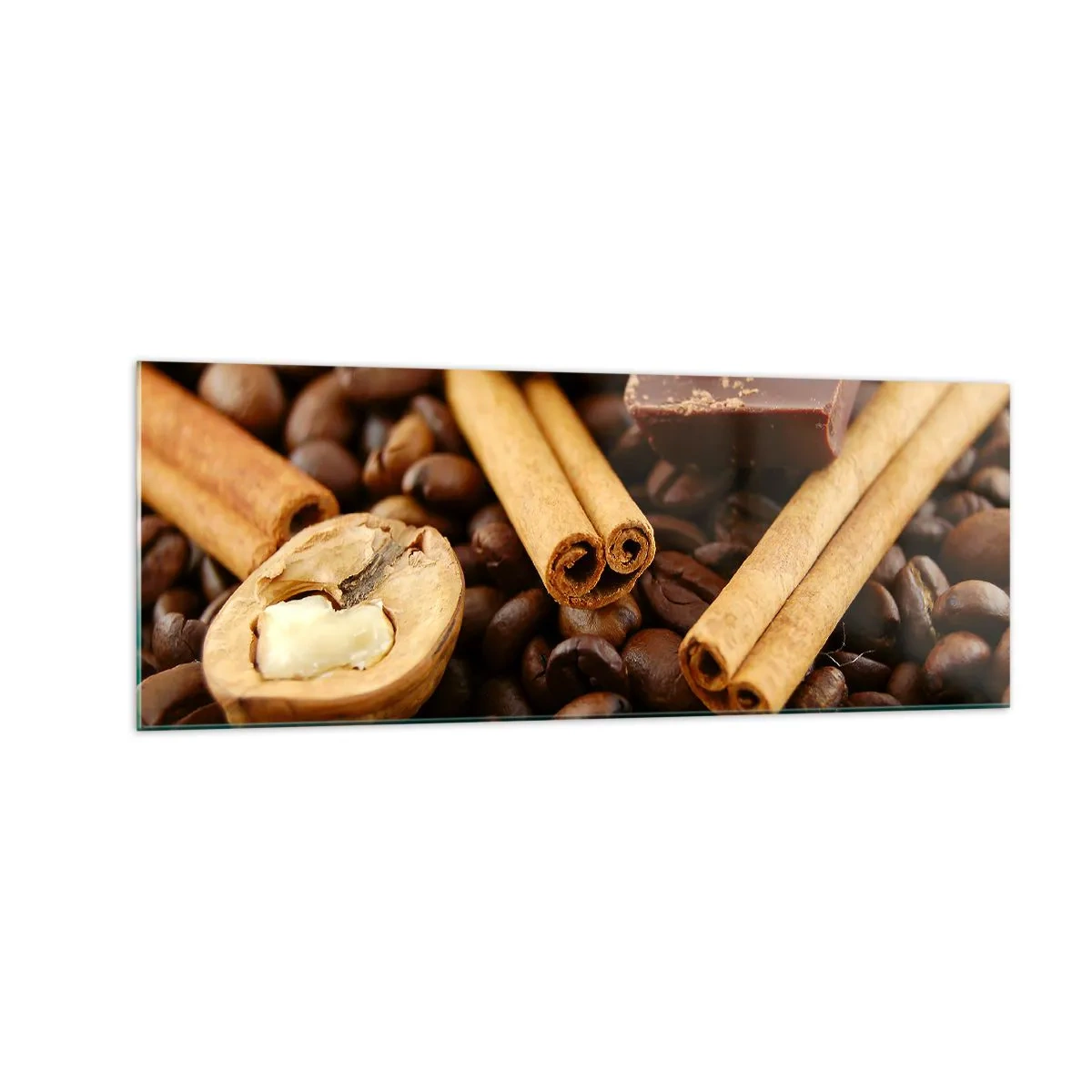 Cuadro sobre vidrio - Impresiones sobre Vidrio - Granos de café con ramas de canela, chocolate y nueces. - 140x50cm - Concierto de aromas - Decoración de pared moderna para salón y dormitorio ARTTOR