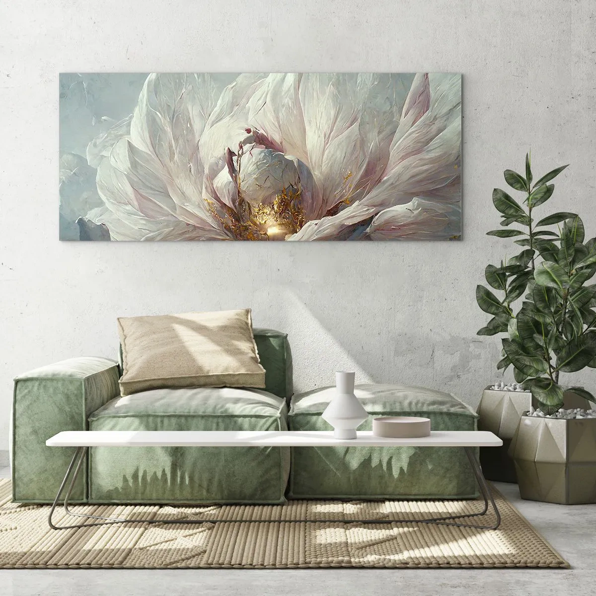 Cuadro sobre vidrio - Impresiones sobre Vidrio - Una delicada flor blanca con sutiles acentos dorados. - 160x50cm - Florece una vez cada cien años - Decoración de pared moderna para salón y dormitorio ARTTOR