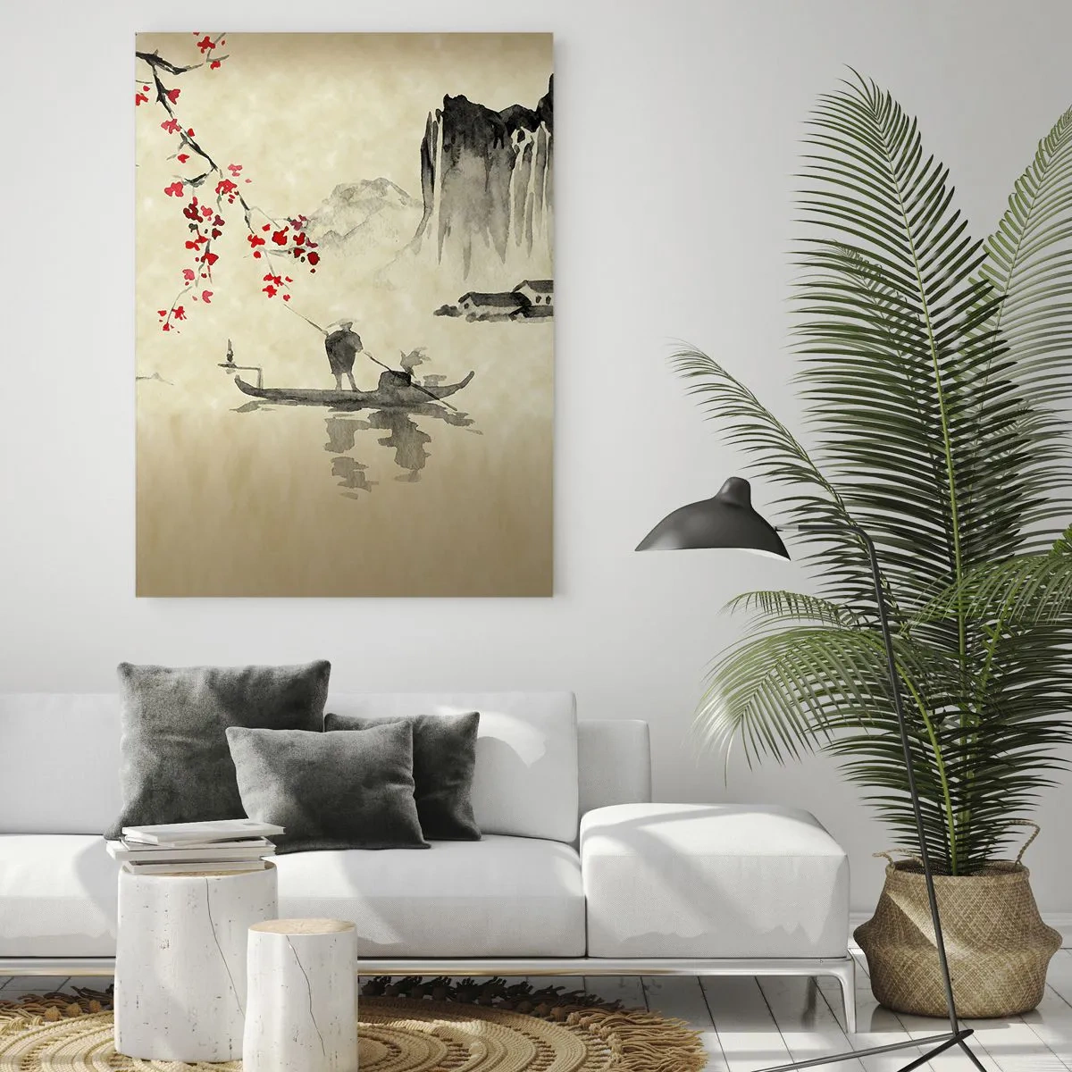 Cuadro sobre vidrio - Impresiones sobre Vidrio - Escena de pesca oriental con rama de flor de cerezo y montañas. - 50x70cm - En el país de los cerezos en flor - Decoración de pared moderna para salón y dormitorio ARTTOR