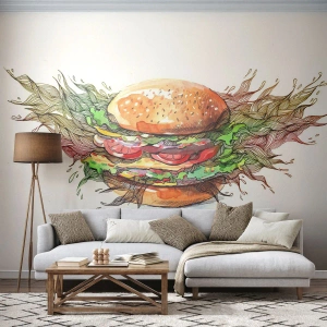 Fotomural Premium Canvas - Ilustración artística de una hamburguesa con elementos dinámicos. - 100x70cm - Tentación irresistible - Decoración de pared moderna para salón y dormitorio ARTTOR