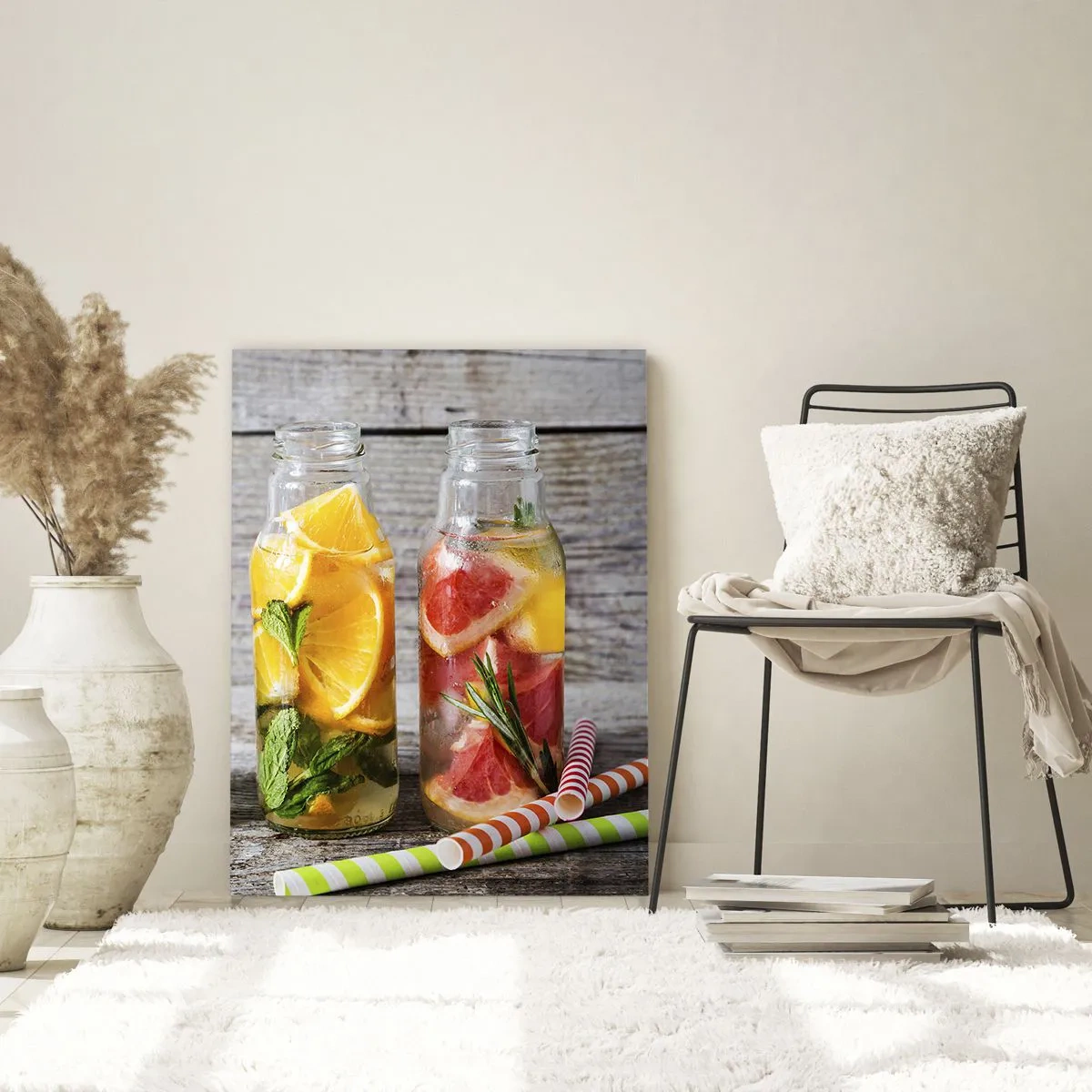 Cuadro sobre vidrio - Impresiones sobre Vidrio - Botellas de agua de frutas y hierbas sobre un fondo de madera. - 50x70cm - Saludable por naturaleza - Decoración de pared moderna para salón y dormitorio ARTTOR