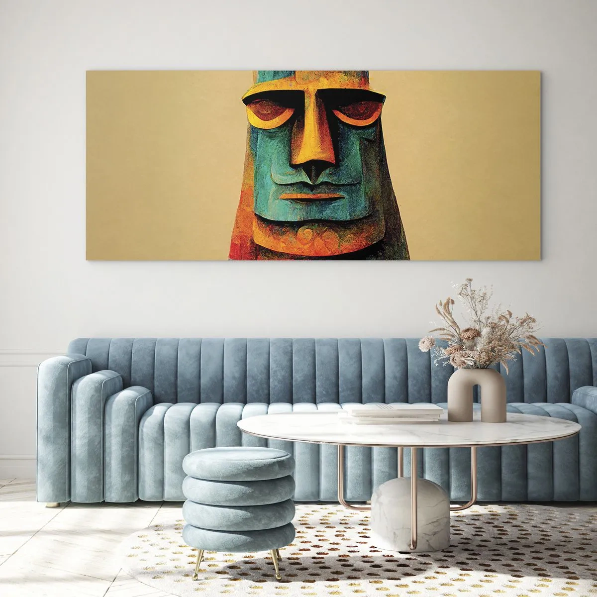 Cuadro sobre vidrio - Impresiones sobre Vidrio - Estatua colorida de la Isla de Pascua - 140x50cm - Escultural, pero simpática - Decoración de pared moderna para salón y dormitorio ARTTOR