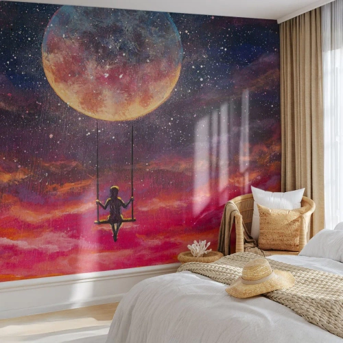 Fotomural Premium Sand - Una niña en un columpio suspendido en la luna entre las nubes. - 100x70cm - Disfrutar de las nubes - Decoración de pared moderna para salón y dormitorio ARTTOR