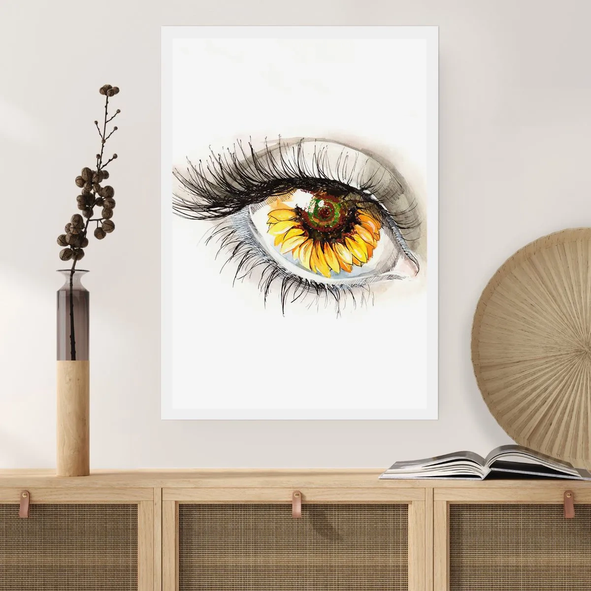 Póster - Un ojo con una flor de girasol amarilla en la pupila. - 50x70cm - Un aspecto tan caluroso como el verano - Decoración de pared moderna para salón y dormitorio ARTTOR