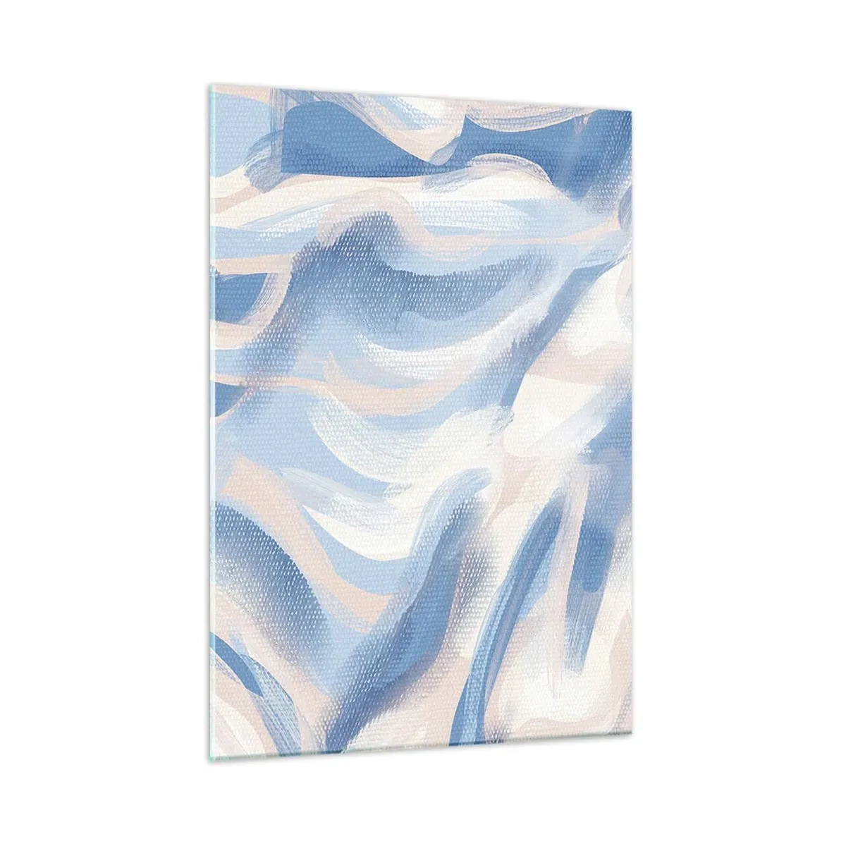 Cuadro sobre vidrio - Impresiones sobre Vidrio - Trazos abstractos en azul, blanco y beige en forma ondulada. - 50x70cm - Ondas azules - Decoración de pared moderna para salón y dormitorio ARTTOR