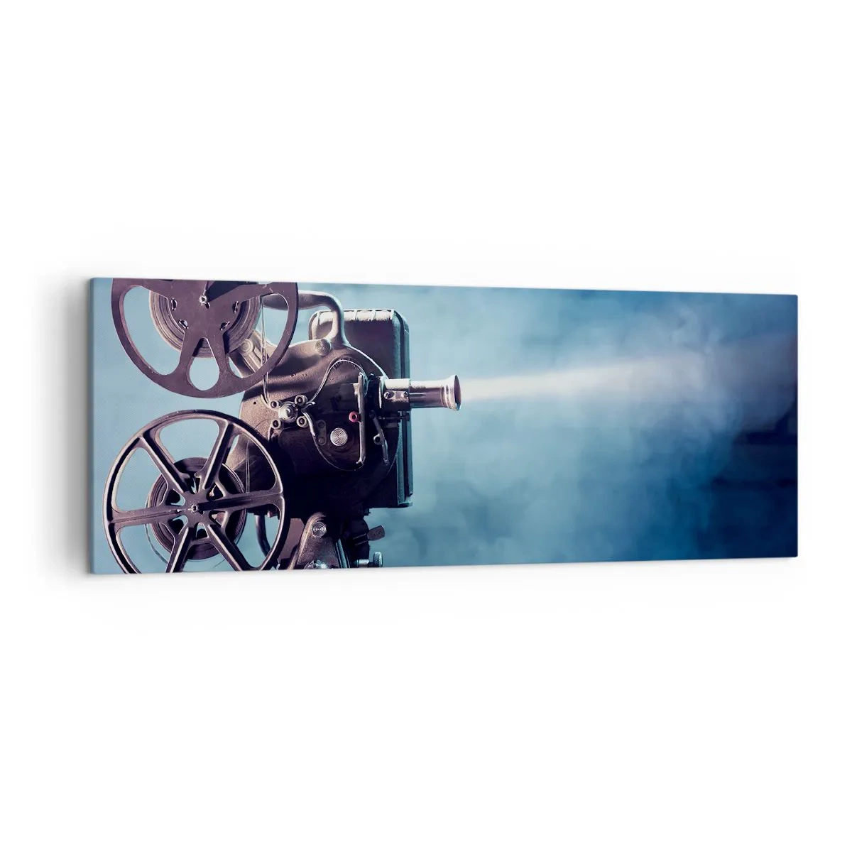 Cuadro sobre lienzo - Impresión de Imagen - Un antiguo proyector de películas que proyecta luz sobre un fondo azul. - 140x50cm - En el antiguo cine - Decoración de pared moderna para salón y dormitorio ARTTOR