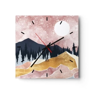 Reloj de pared - Reloj de vidrio - Montañas coloridas contra un cielo rosado con una luna - 30x30cm - Vigilancia nocturna - Decoración de pared moderna para salón y dormitorio ARTTOR