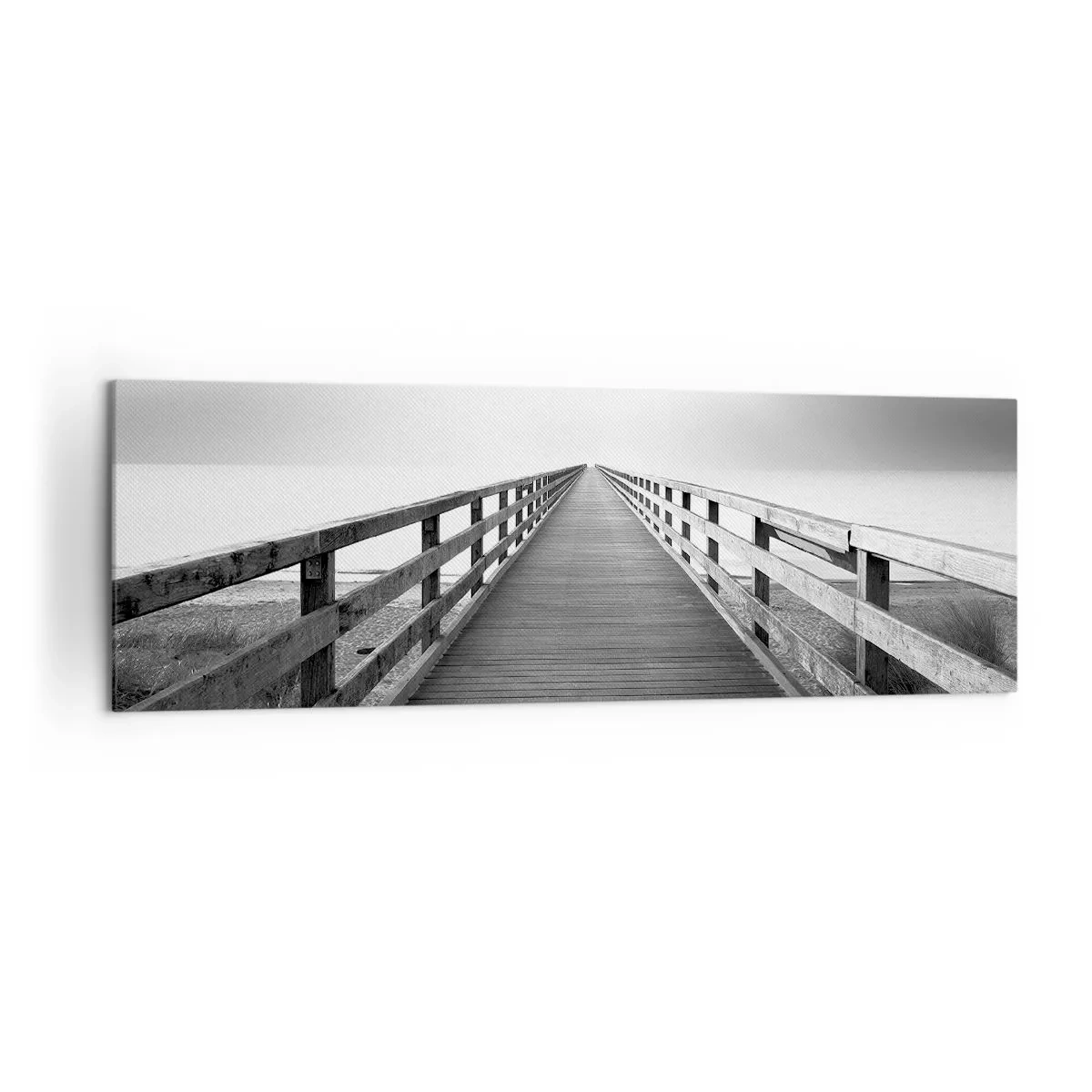 Cuadro sobre lienzo - Impresión de Imagen - Una imagen en blanco y negro de un embarcadero de madera que conduce hacia el horizonte. - 160x50cm - En la distancia... - Decoración de pared moderna para salón y dormitorio ARTTOR