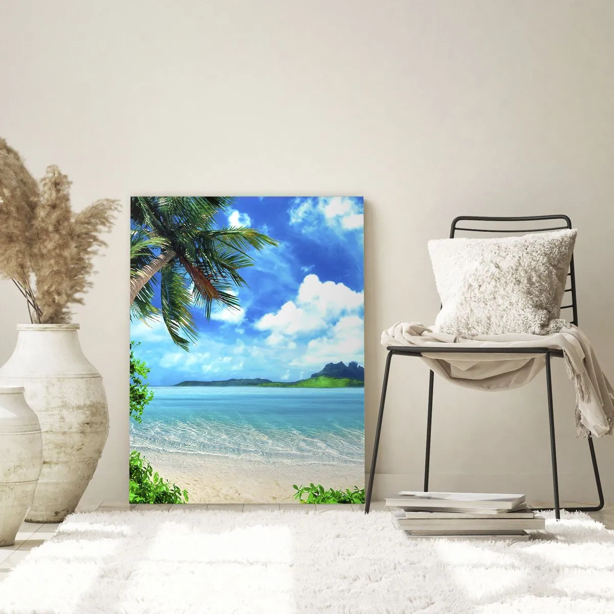 Cuadro sobre vidrio - Impresiones sobre Vidrio - Una playa tropical con palmeras y vistas a una isla montañosa. - 50x70cm - El azul de los trópicos - Decoración de pared moderna para salón y dormitorio ARTTOR