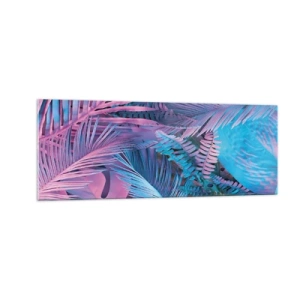 Cuadro sobre vidrio - Impresiones sobre Vidrio - Hojas tropicales en tonos rosa y azul. - 140x50cm - Trópicos en rosa y azul - Decoración de pared moderna para salón y dormitorio ARTTOR
