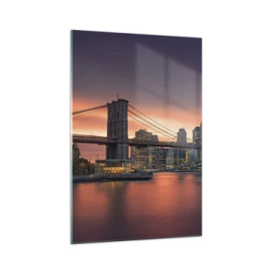 Cuadro sobre vidrio - Impresiones sobre Vidrio - Panorama nocturno de la ciudad con un puente y un cielo iluminado. - 70x100cm - Ahogado en el silencio lila - Decoración de pared moderna para salón y dormitorio ARTTOR