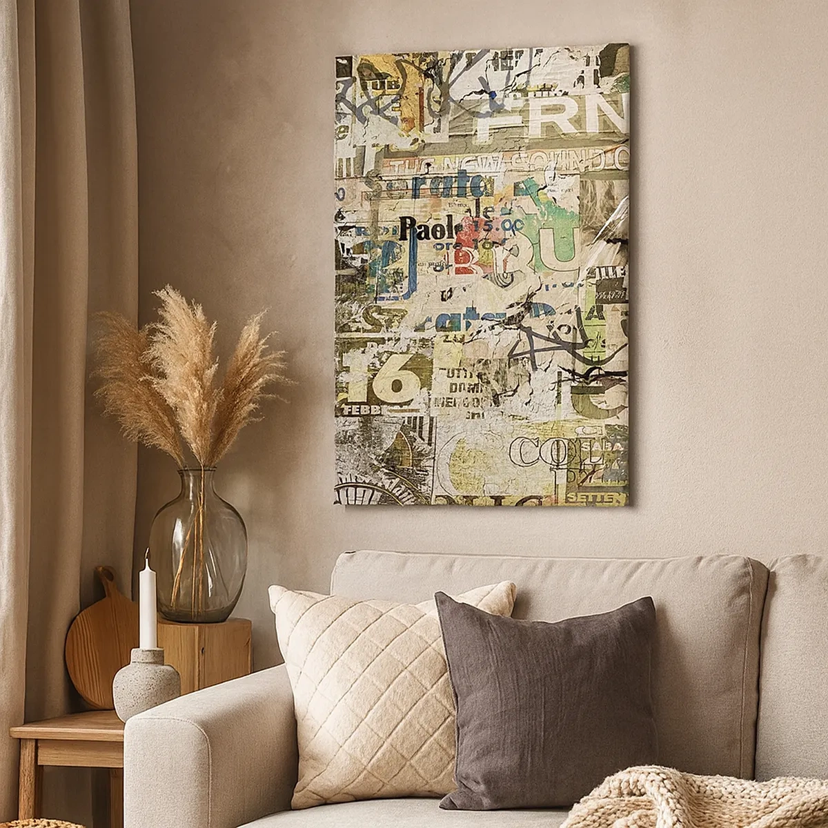 Cuadro sobre lienzo - Impresión de Imagen - Un collage de fragmentos de periódicos y carteles en estilo artístico. - 50x70cm - Oh, está sucediendo... - Decoración de pared moderna para salón y dormitorio ARTTOR