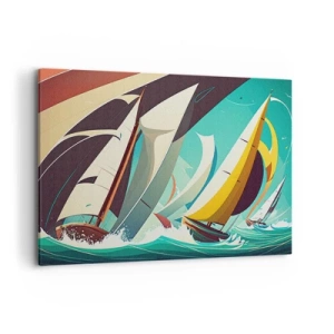 Cuadro sobre lienzo - Impresión de Imagen - Una ilustración dinámica de veleros en un mar tempestuoso. - 100x70cm - Afrontar los elementos - Decoración de pared moderna para salón y dormitorio ARTTOR