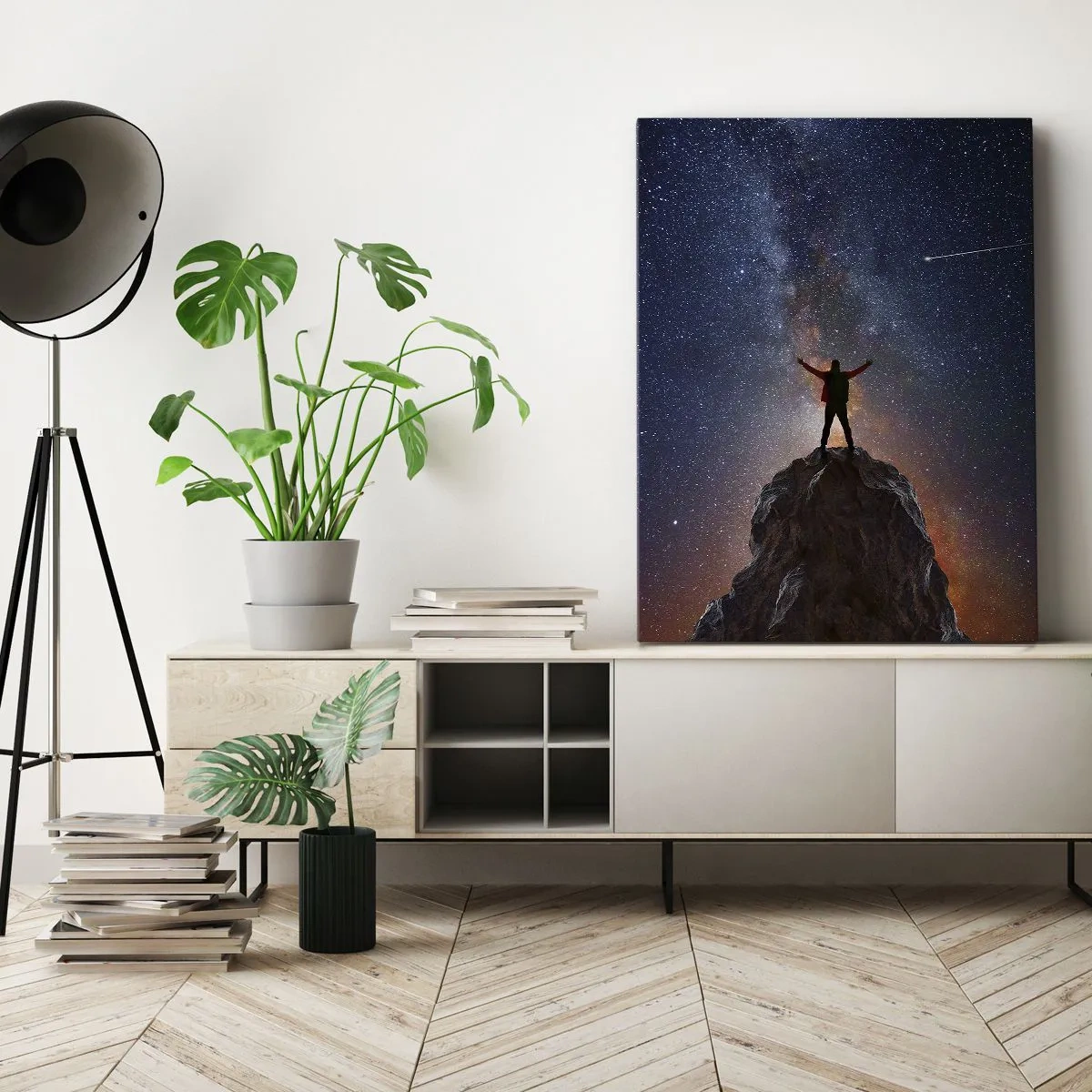 Cuadro sobre lienzo - Impresión de Imagen - Una figura en la cima de una montaña bajo un cielo estrellado. - 50x70cm - ¡El poder está conmigo! - Decoración de pared moderna para salón y dormitorio ARTTOR