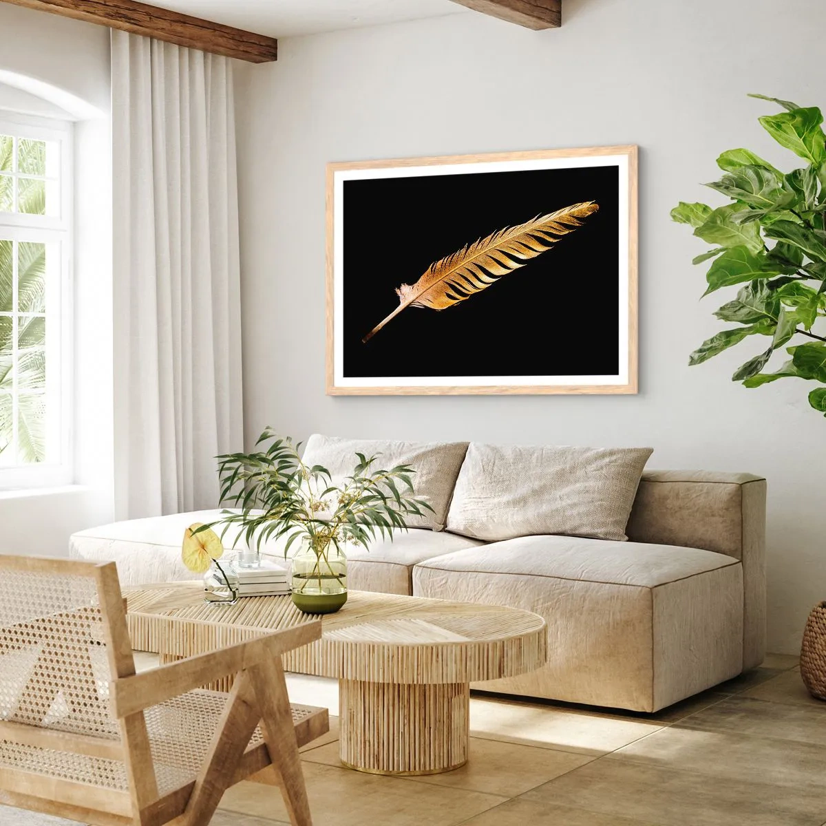 Póster en marco roble claro - Pluma de alta calidad - 100x70 cm