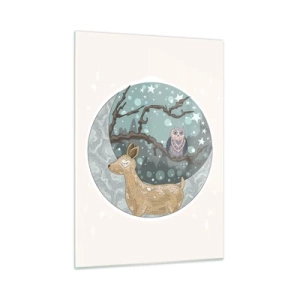 Cuadro sobre vidrio - Impresiones sobre Vidrio - Ilustración de un ciervo y un búho en un entorno mágico. - 50x70cm - Noche de bosque de cuento de hadas - Decoración de pared moderna para salón y dormitorio ARTTOR